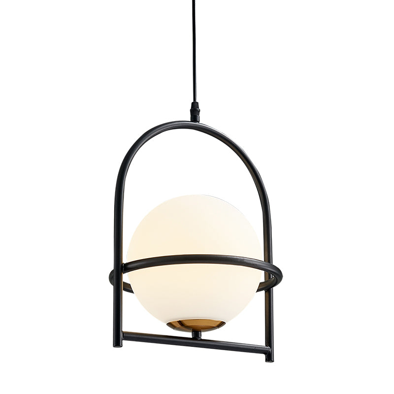 Modern Ball Suspension Light with Birdcage Design Opal Glass 1 Bulb 9"/11" Wide Bedside Ceiling Hang Fixture in Black/Gold Black Clearhalo 'Ceiling Lights' 'Close To Ceiling Lights' 'Glass shade' 'Glass' 'Modern Pendants' 'Modern' 'Pendant Lights' 'Pendants' Lighting' 875254