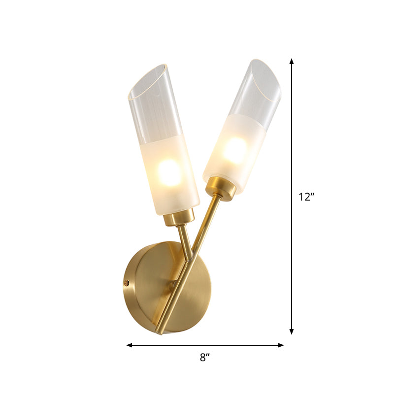 Beveled Tube Wall Light Sconce Post Modern Clear Glass 2-Light Brass Wall Lamp Fixture Clearhalo 'Cast Iron' 'Glass' 'Industrial' 'Modern wall lights' 'Modern' 'Tiffany' 'Traditional wall lights' 'Wall Lamps & Sconces' 'Wall Lights' Lighting' 875315