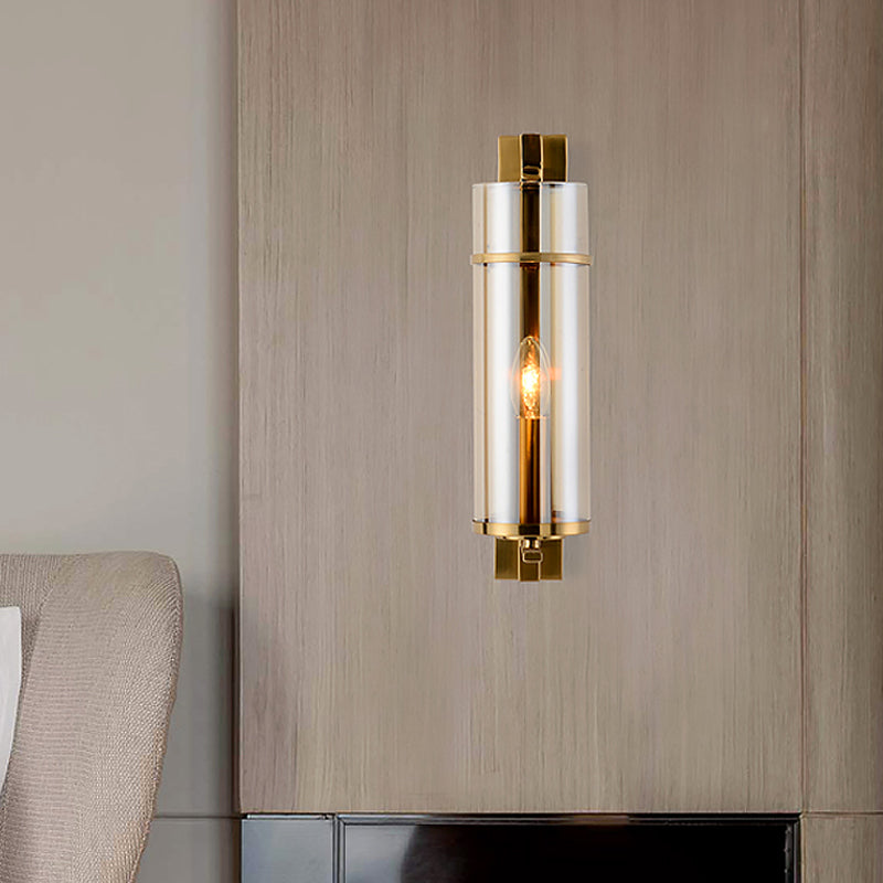 1 Bulb Bedroom Sconce Light Fixture Modernist Brass Wall Lamp with Tubular Cognac/Water Blue Glass Shade Cognac Clearhalo 'Cast Iron' 'Glass' 'Industrial' 'Modern wall lights' 'Modern' 'Tiffany' 'Traditional wall lights' 'Wall Lamps & Sconces' 'Wall Lights' Lighting' 875328