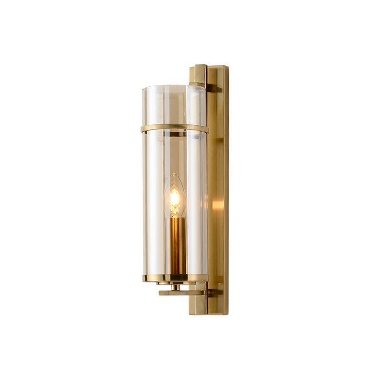 1 Bulb Bedroom Sconce Light Fixture Modernist Brass Wall Lamp with Tubular Cognac/Water Blue Glass Shade Clearhalo 'Cast Iron' 'Glass' 'Industrial' 'Modern wall lights' 'Modern' 'Tiffany' 'Traditional wall lights' 'Wall Lamps & Sconces' 'Wall Lights' Lighting' 875329