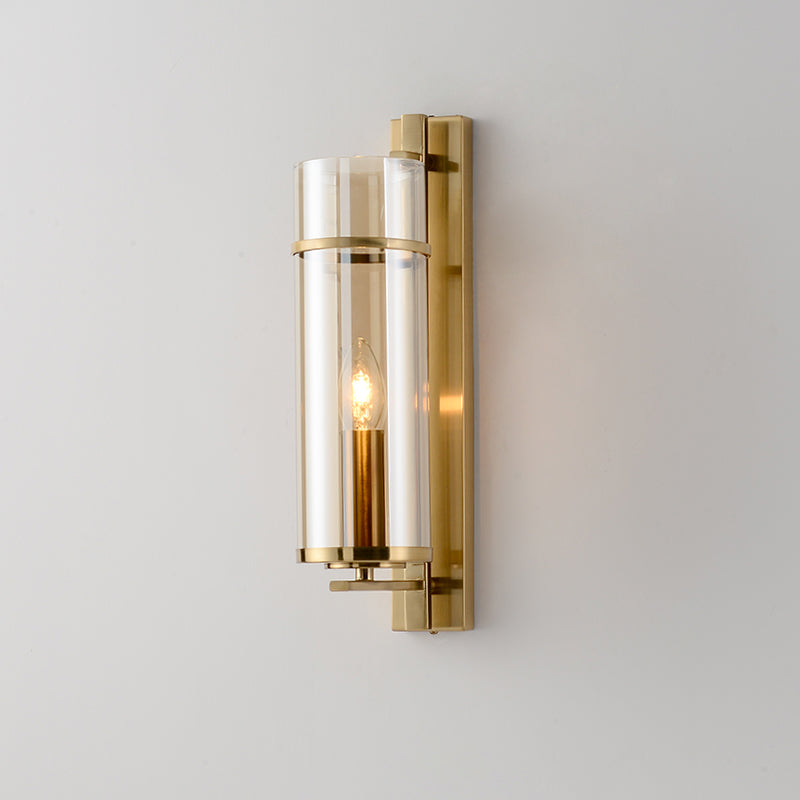 1 Bulb Bedroom Sconce Light Fixture Modernist Brass Wall Lamp with Tubular Cognac/Water Blue Glass Shade Clearhalo 'Cast Iron' 'Glass' 'Industrial' 'Modern wall lights' 'Modern' 'Tiffany' 'Traditional wall lights' 'Wall Lamps & Sconces' 'Wall Lights' Lighting' 875330
