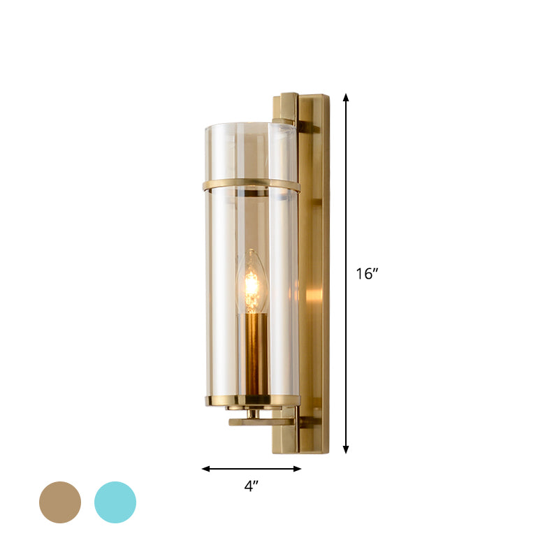 1 Bulb Bedroom Sconce Light Fixture Modernist Brass Wall Lamp with Tubular Cognac/Water Blue Glass Shade Clearhalo 'Cast Iron' 'Glass' 'Industrial' 'Modern wall lights' 'Modern' 'Tiffany' 'Traditional wall lights' 'Wall Lamps & Sconces' 'Wall Lights' Lighting' 875331