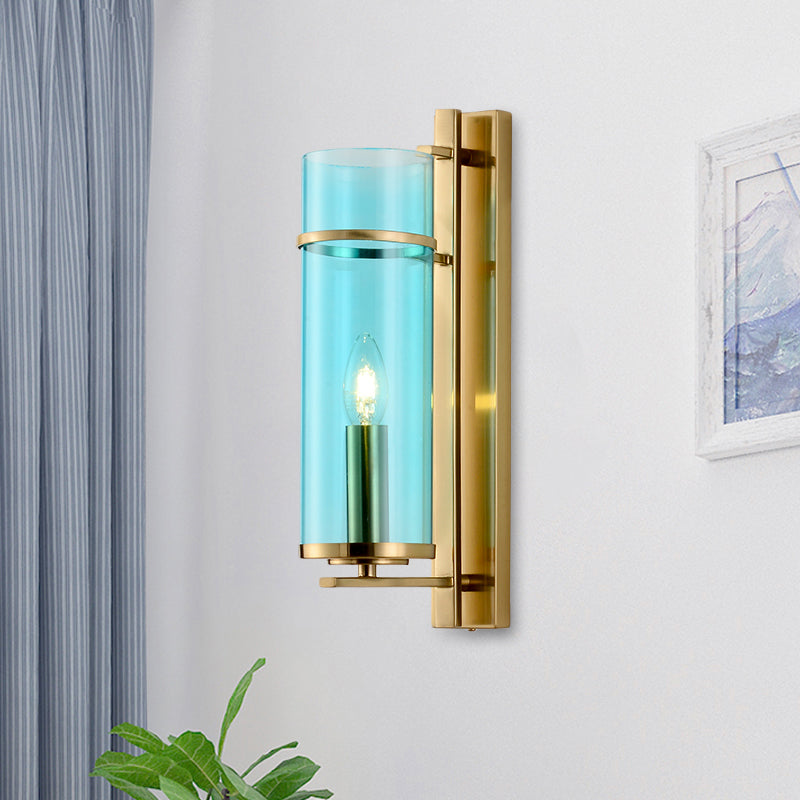 1 Bulb Bedroom Sconce Light Fixture Modernist Brass Wall Lamp with Tubular Cognac/Water Blue Glass Shade Water Blue Clearhalo 'Cast Iron' 'Glass' 'Industrial' 'Modern wall lights' 'Modern' 'Tiffany' 'Traditional wall lights' 'Wall Lamps & Sconces' 'Wall Lights' Lighting' 875332