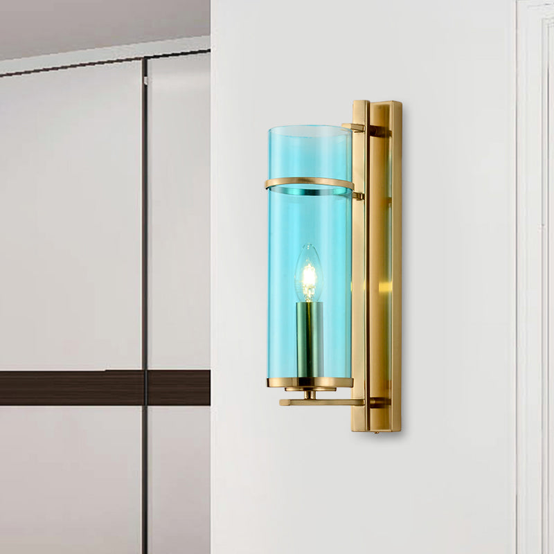 1 Bulb Bedroom Sconce Light Fixture Modernist Brass Wall Lamp with Tubular Cognac/Water Blue Glass Shade Clearhalo 'Cast Iron' 'Glass' 'Industrial' 'Modern wall lights' 'Modern' 'Tiffany' 'Traditional wall lights' 'Wall Lamps & Sconces' 'Wall Lights' Lighting' 875333