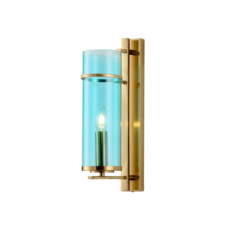1 Bulb Bedroom Sconce Light Fixture Modernist Brass Wall Lamp with Tubular Cognac/Water Blue Glass Shade Clearhalo 'Cast Iron' 'Glass' 'Industrial' 'Modern wall lights' 'Modern' 'Tiffany' 'Traditional wall lights' 'Wall Lamps & Sconces' 'Wall Lights' Lighting' 875334