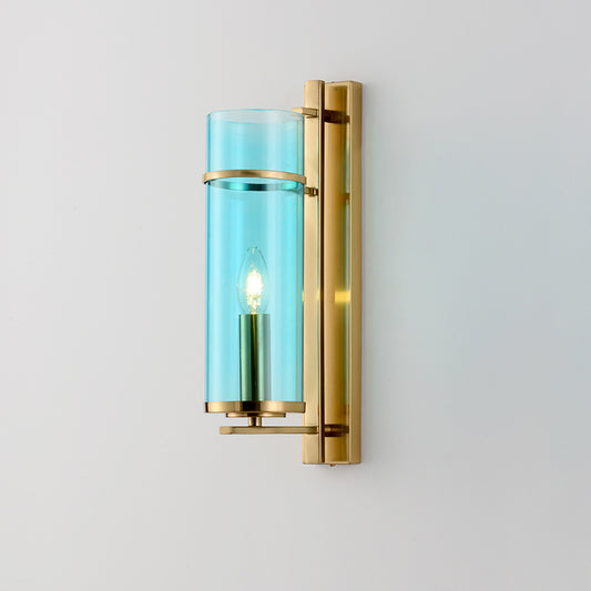 1 Bulb Bedroom Sconce Light Fixture Modernist Brass Wall Lamp with Tubular Cognac/Water Blue Glass Shade Clearhalo 'Cast Iron' 'Glass' 'Industrial' 'Modern wall lights' 'Modern' 'Tiffany' 'Traditional wall lights' 'Wall Lamps & Sconces' 'Wall Lights' Lighting' 875335