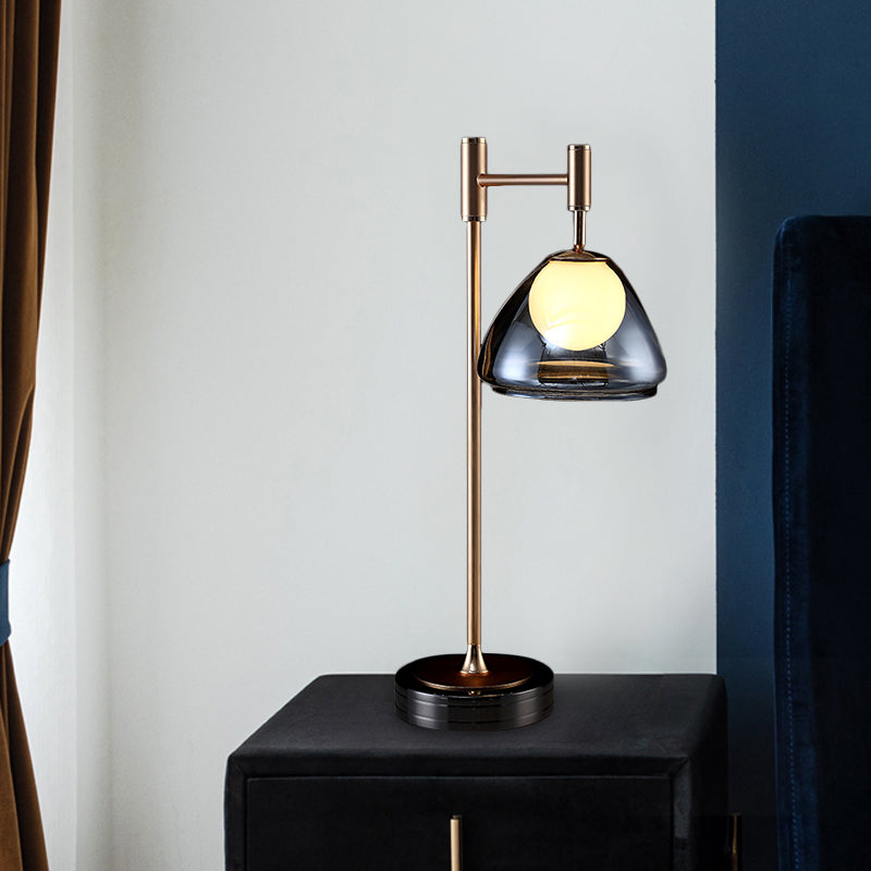 Brass Conic Night Table Light Modernist Smoke Gray/Cognac Glass LED Nightstand Lamp for Bedside Clearhalo 'Lamps' 'Table Lamps' Lighting' 875349