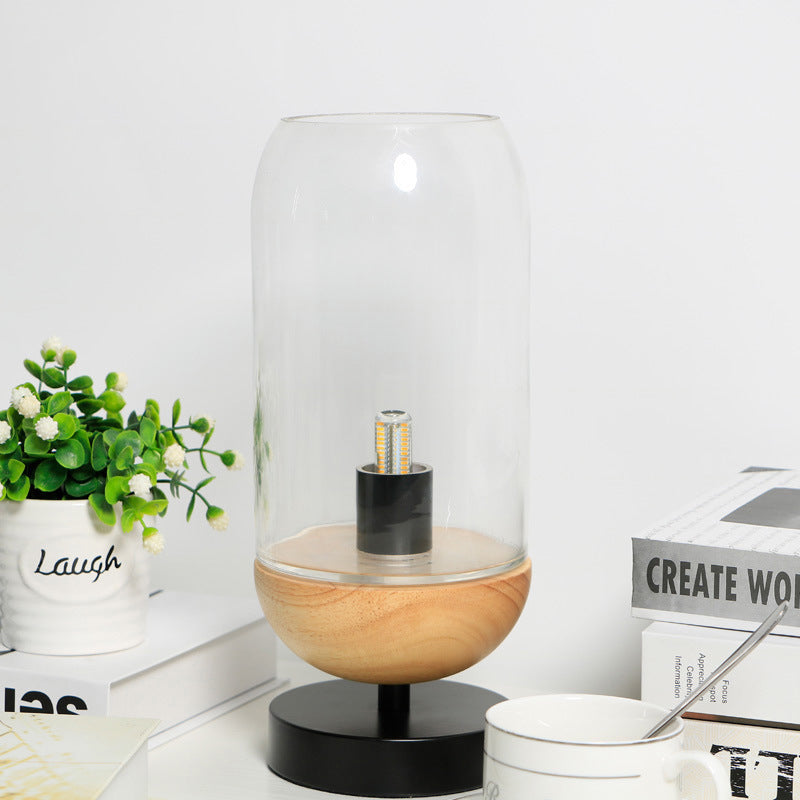 Modern LED Table Lighting Black and Wood Cylinder Small Desk Lamp with Clear Glass Shade Clear Clearhalo 'Lamps' 'Table Lamps' Lighting' 875372