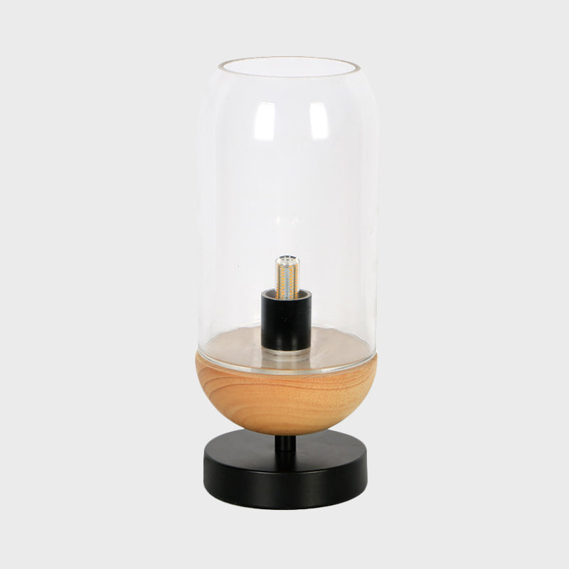Modern LED Table Lighting Black and Wood Cylinder Small Desk Lamp with Clear Glass Shade Clearhalo 'Lamps' 'Table Lamps' Lighting' 875374