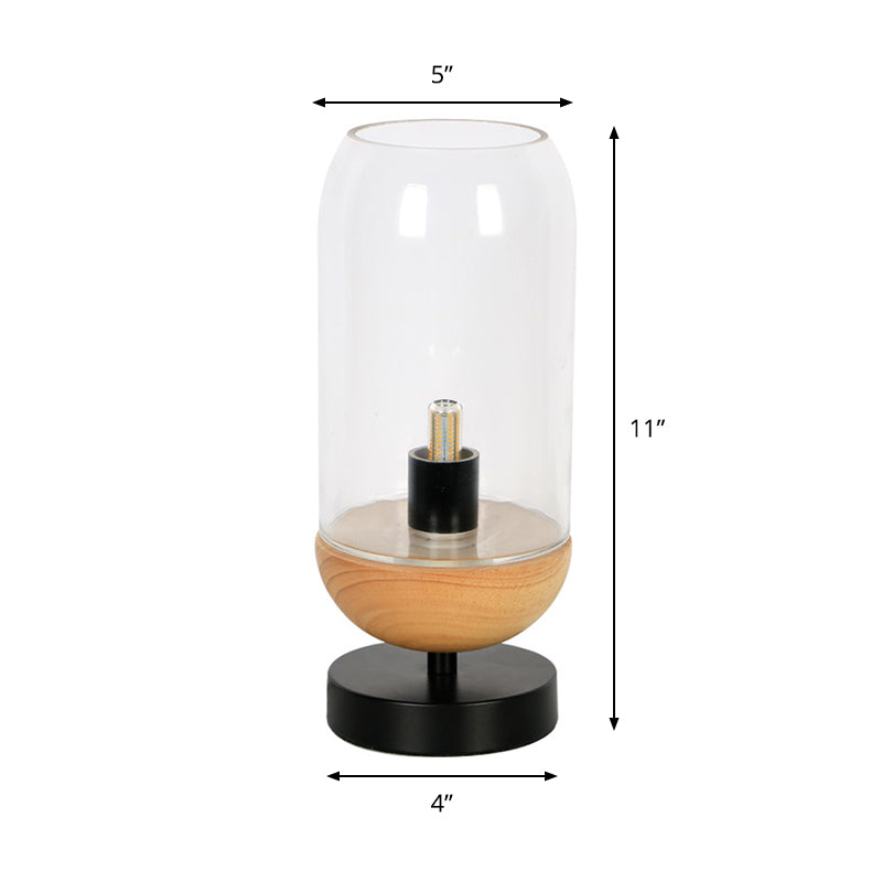 Modern LED Table Lighting Black and Wood Cylinder Small Desk Lamp with Clear Glass Shade Clearhalo 'Lamps' 'Table Lamps' Lighting' 875375