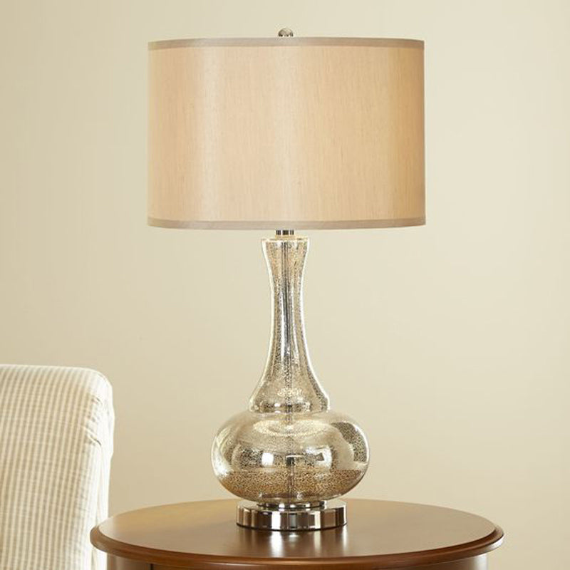 Silver Glass Vase Shape Nightstand Light Modernism Single Bulb Night Table Lamp with Drum Beige Fabric Shade Beige Clearhalo 'Lamps' 'Table Lamps' Lighting' 875396
