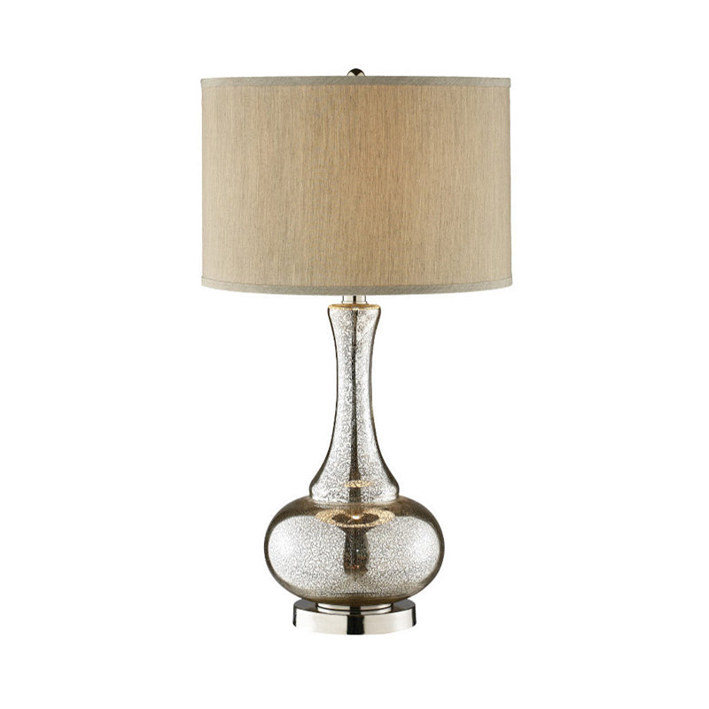Silver Glass Vase Shape Nightstand Light Modernism Single Bulb Night Table Lamp with Drum Beige Fabric Shade Clearhalo 'Lamps' 'Table Lamps' Lighting' 875398