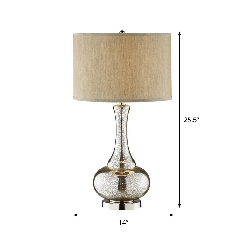 Silver Glass Vase Shape Nightstand Light Modernism Single Bulb Night Table Lamp with Drum Beige Fabric Shade Clearhalo 'Lamps' 'Table Lamps' Lighting' 875399