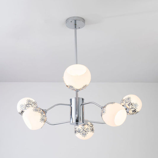 Contemporary Ball Hanging Chandelier Frosted White Glass 6 Lights Living Room Pendulum Lamp in Chrome with Flower Pattern Clearhalo 'Ceiling Lights' 'Chandeliers' 'Modern Chandeliers' 'Modern' Lighting' 875430