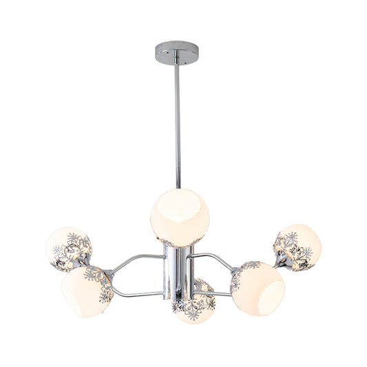 Contemporary Ball Hanging Chandelier Frosted White Glass 6 Lights Living Room Pendulum Lamp in Chrome with Flower Pattern Clearhalo 'Ceiling Lights' 'Chandeliers' 'Modern Chandeliers' 'Modern' Lighting' 875431