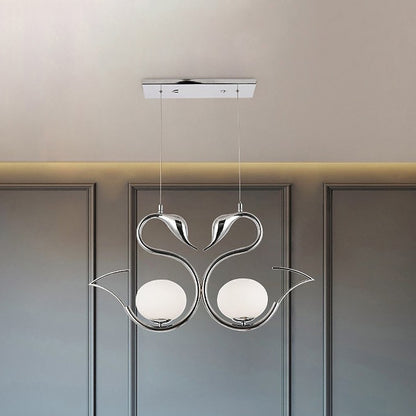Metal Swan Shape Multi Pendant Light Modernist 2-Light Chrome Suspension Lamp with Orb White Frosted Glass Shade Chrome Clearhalo 'Ceiling Lights' 'Glass shade' 'Glass' 'Modern Pendants' 'Modern' 'Pendant Lights' 'Pendants' Lighting' 875437