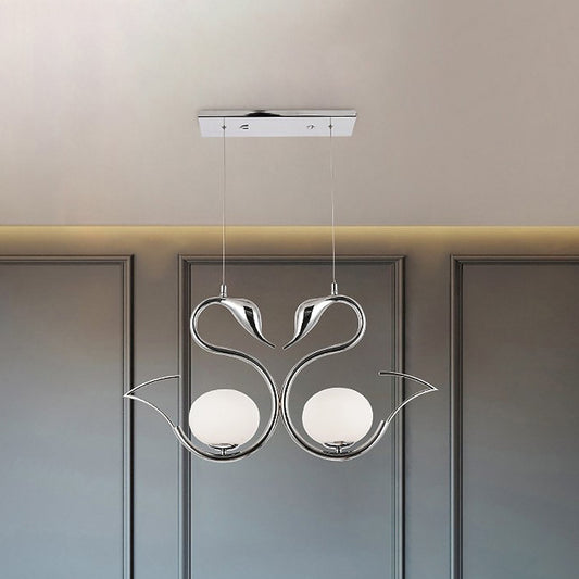 Metal Swan Shape Multi Pendant Light Modernist 2-Light Chrome Suspension Lamp with Orb White Frosted Glass Shade Chrome Clearhalo 'Ceiling Lights' 'Glass shade' 'Glass' 'Modern Pendants' 'Modern' 'Pendant Lights' 'Pendants' Lighting' 875437
