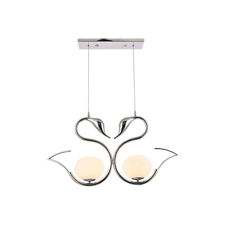 Metal Swan Shape Multi Pendant Light Modernist 2-Light Chrome Suspension Lamp with Orb White Frosted Glass Shade Clearhalo 'Ceiling Lights' 'Glass shade' 'Glass' 'Modern Pendants' 'Modern' 'Pendant Lights' 'Pendants' Lighting' 875438