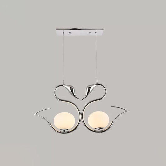 Metal Swan Shape Multi Pendant Light Modernist 2-Light Chrome Suspension Lamp with Orb White Frosted Glass Shade Clearhalo 'Ceiling Lights' 'Glass shade' 'Glass' 'Modern Pendants' 'Modern' 'Pendant Lights' 'Pendants' Lighting' 875439