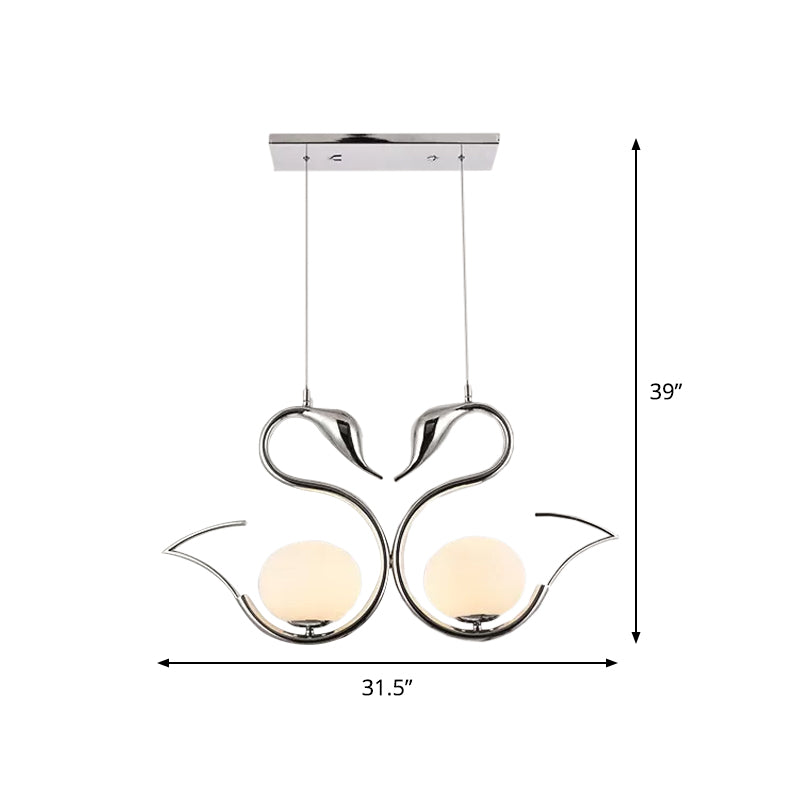 Metal Swan Shape Multi Pendant Light Modernist 2-Light Chrome Suspension Lamp with Orb White Frosted Glass Shade Clearhalo 'Ceiling Lights' 'Glass shade' 'Glass' 'Modern Pendants' 'Modern' 'Pendant Lights' 'Pendants' Lighting' 875440