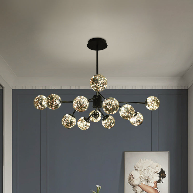 12 Lights Living Room Hanging Lighting Modern Black Branch Chandelier Lamp with Globe Smoke Gray Glass Shade Clearhalo 'Ceiling Lights' 'Chandeliers' 'Modern Chandeliers' 'Modern' Lighting' 875442