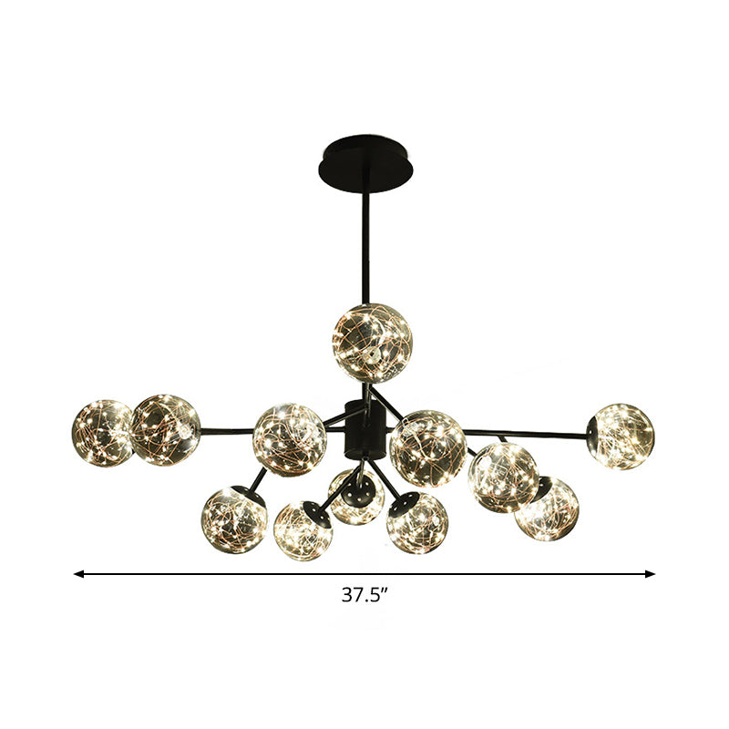 12 Lights Living Room Hanging Lighting Modern Black Branch Chandelier Lamp with Globe Smoke Gray Glass Shade Clearhalo 'Ceiling Lights' 'Chandeliers' 'Modern Chandeliers' 'Modern' Lighting' 875444