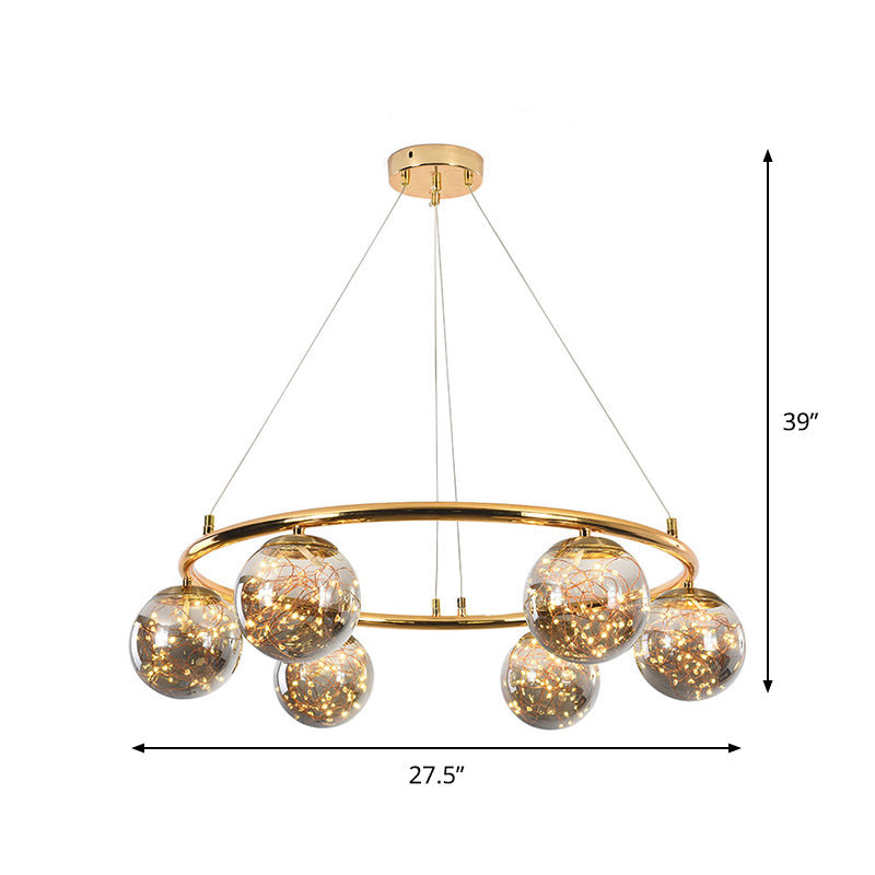 Smoke Gray Glass Ball Ceiling Chandelier Modernist 6 Heads Brass Ring Hanging Lighting with Glowworm Design Inside Clearhalo 'Ceiling Lights' 'Chandeliers' 'Modern Chandeliers' 'Modern' Lighting' 875470