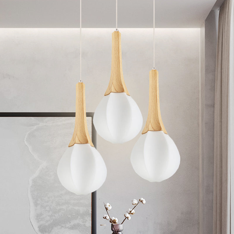 Ice Cream Shape Multi Light Pendant Modern Frosted White Glass 3 Bulbs Wood Ceiling Hang Fixture Wood Clearhalo 'Ceiling Lights' 'Modern Pendants' 'Modern' 'Pendant Lights' 'Pendants' Lighting' 875475