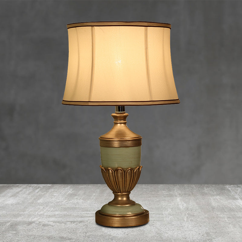 Vintage Drum Shaped Desk Lighting 1 Head Fabric Night Table Lamp with Black/Brown/Green Pot Base Clearhalo 'Lamps' 'Table Lamps' Lighting' 875654