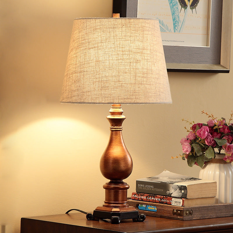 1-Head Night Lamp Vintage Tapered Fabric Table Lighting in Brown with Resin Vase Base Brown Clearhalo 'Lamps' 'Table Lamps' Lighting' 875678
