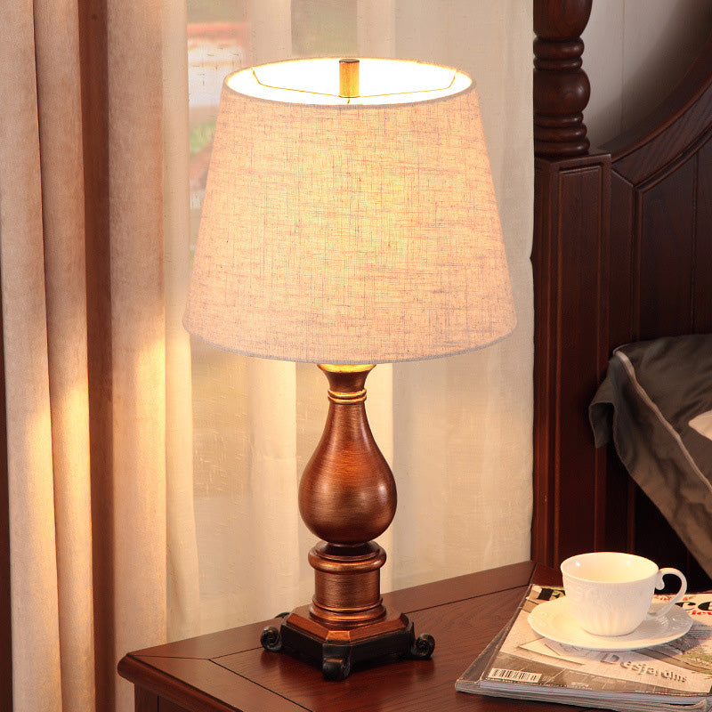1-Head Night Lamp Vintage Tapered Fabric Table Lighting in Brown with Resin Vase Base Clearhalo 'Lamps' 'Table Lamps' Lighting' 875679