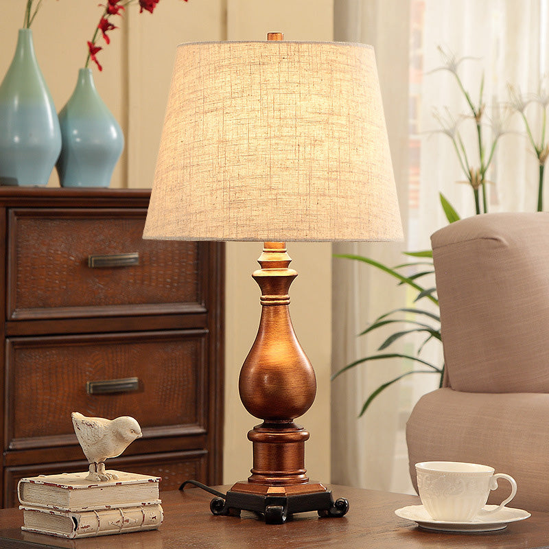1-Head Night Lamp Vintage Tapered Fabric Table Lighting in Brown with Resin Vase Base Clearhalo 'Lamps' 'Table Lamps' Lighting' 875680