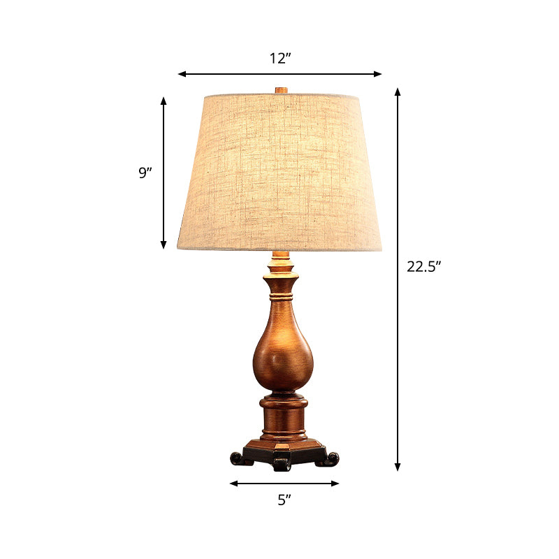 1-Head Night Lamp Vintage Tapered Fabric Table Lighting in Brown with Resin Vase Base Clearhalo 'Lamps' 'Table Lamps' Lighting' 875682