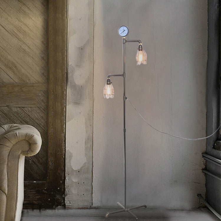 Wire Guard Iron Floor Light with Pressure Gauge Deco Industrial Style 2 Heads Indoor Standing Light in Bronze Clearhalo 'Floor Lamps' 'Lamps' Lighting' 87576