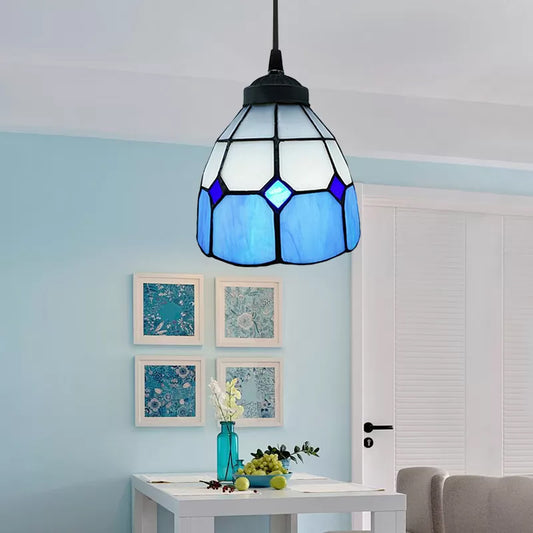 1 Bulb Ceiling Pendant Light Tiffany-Style Flower Handcrafted Stained Glass Suspension Lighting in Yellow/Light Blue/Dark Blue Dark Blue Clearhalo 'Ceiling Lights' 'Close To Ceiling Lights' 'Glass shade' 'Glass' 'Industrial' 'Middle Century Pendants' 'Pendant Lights' 'Pendants' 'Tiffany close to ceiling' 'Tiffany Pendants' 'Tiffany' Lighting' 87628