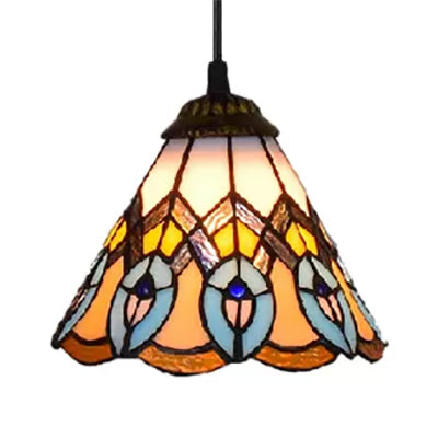 Baroque Style Multi Color Pendant Light, Adjustable Mini Peacock Tail Hanging Lamp Art Glass Cone Shade Clearhalo 'Ceiling Lights' 'Industrial' 'Middle Century Pendants' 'Pendant Lights' 'Pendants' 'Tiffany close to ceiling' 'Tiffany Pendants' 'Tiffany' Lighting' 87641