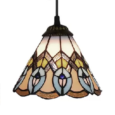 Baroque Style Multi Color Pendant Light, Adjustable Mini Peacock Tail Hanging Lamp Art Glass Cone Shade Clearhalo 'Ceiling Lights' 'Industrial' 'Middle Century Pendants' 'Pendant Lights' 'Pendants' 'Tiffany close to ceiling' 'Tiffany Pendants' 'Tiffany' Lighting' 87642