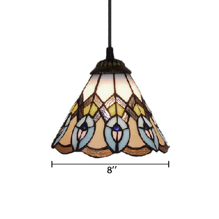 Baroque Style Multi Color Pendant Light, Adjustable Mini Peacock Tail Hanging Lamp Art Glass Cone Shade Clearhalo 'Ceiling Lights' 'Industrial' 'Middle Century Pendants' 'Pendant Lights' 'Pendants' 'Tiffany close to ceiling' 'Tiffany Pendants' 'Tiffany' Lighting' 87643