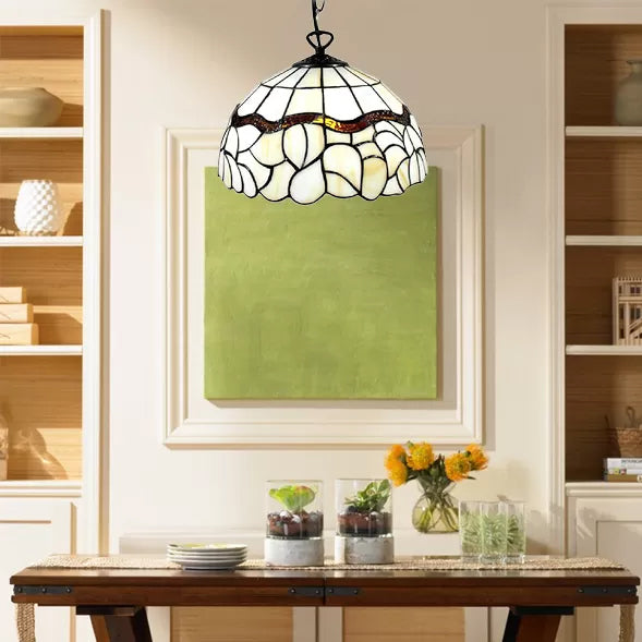Beige Bowl Hanging Pendant Light Tiffany 1 Bulb Stained Art Glass Ceiling Hang Fixture for Dining Room Beige Clearhalo 'Ceiling Lights' 'Industrial' 'Middle Century Pendants' 'Pendant Lights' 'Pendants' 'Tiffany close to ceiling' 'Tiffany Pendants' 'Tiffany' Lighting' 87648