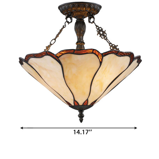 Stained Glass Ceiling Light with LED Light, 2-Lights Cone Semi Flush Mount Lighting Tiffany Style, 14" W Clearhalo 'Ceiling Lights' 'Close To Ceiling Lights' 'Close to ceiling' 'Glass shade' 'Glass' 'Pendant Lights' 'Semi-flushmount' 'Tiffany close to ceiling' 'Tiffany' Lighting' 87669