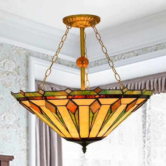 Ceiling Light for Living Room, Tiffany 3-Lights Cone Semi Flush Mount Lighting with Chain and Stained Glass Shade, 23.5" High x 19.5" in Diameter Green Clearhalo 'Ceiling Lights' 'Chandeliers' 'Close To Ceiling Lights' 'Close to ceiling' 'Glass shade' 'Glass' 'Island Lights' 'Semi-flushmount' 'Tiffany close to ceiling' 'Tiffany' Lighting' 87674