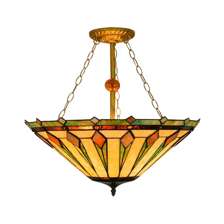Ceiling Light for Living Room, Tiffany 3-Lights Cone Semi Flush Mount Lighting with Chain and Stained Glass Shade, 23.5" High x 19.5" in Diameter Clearhalo 'Ceiling Lights' 'Chandeliers' 'Close To Ceiling Lights' 'Close to ceiling' 'Glass shade' 'Glass' 'Island Lights' 'Semi-flushmount' 'Tiffany close to ceiling' 'Tiffany' Lighting' 87676