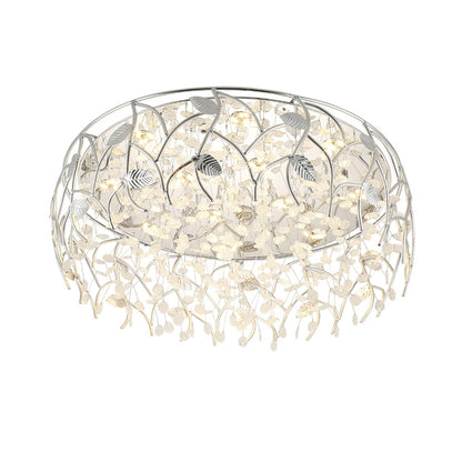 Romantic Chrome Flush Mount Light with Leaf & Crystal Bead Metal Ceiling Fixture for Bedroom White Clearhalo 'Ceiling Lights' 'Close To Ceiling Lights' 'Close to ceiling' 'Flush mount' Lighting' 88065
