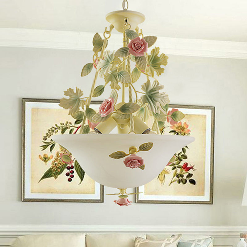 3-Light Inverted Hat Shade Chandelier American Flower Green Opaline Glass Ceiling Pendant Lamp Green Clearhalo 'Ceiling Lights' 'Chandeliers' 'Close To Ceiling Lights' 'Glass shade' 'Glass' Lighting' 882086