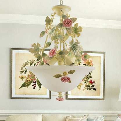 3-Light Inverted Hat Shade Chandelier American Flower Green Opaline Glass Ceiling Pendant Lamp Green Clearhalo 'Ceiling Lights' 'Chandeliers' 'Close To Ceiling Lights' 'Glass shade' 'Glass' Lighting' 882086