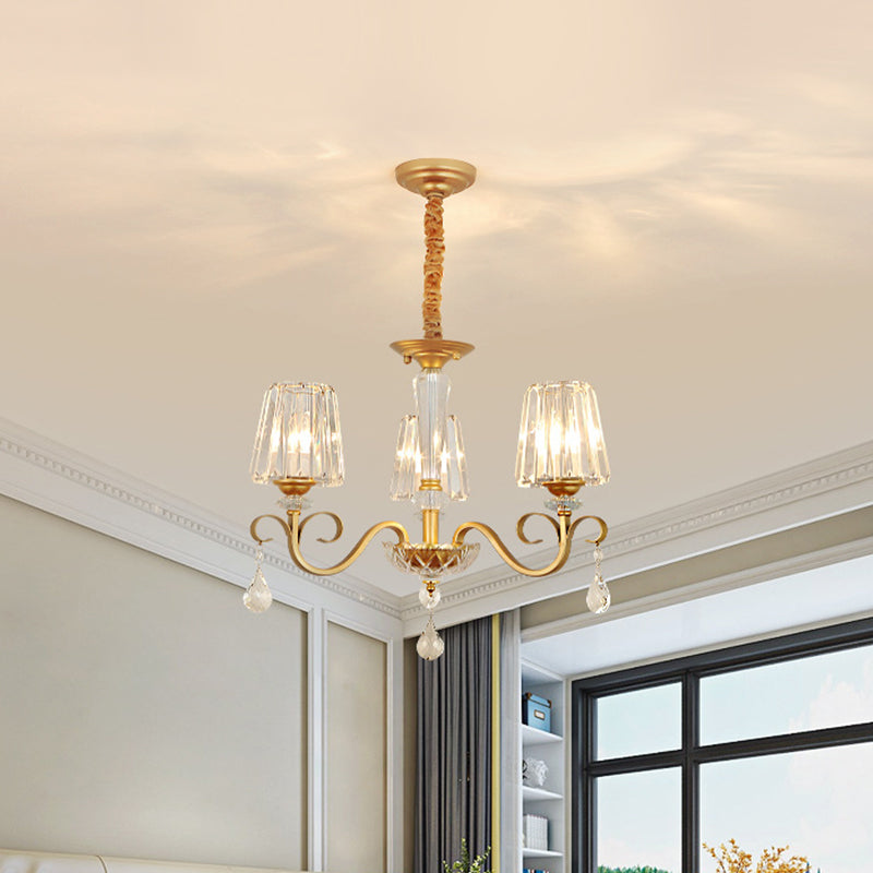 Conical Crystal Hanging Chandelier Traditional 3/6 Heads Dining Room Ceiling Light in Gold 3 Gold Clearhalo 'Ceiling Lights' 'Chandeliers' Lighting' options 882183_bf520ca3-1071-4e8c-9d73-e1150384bd68