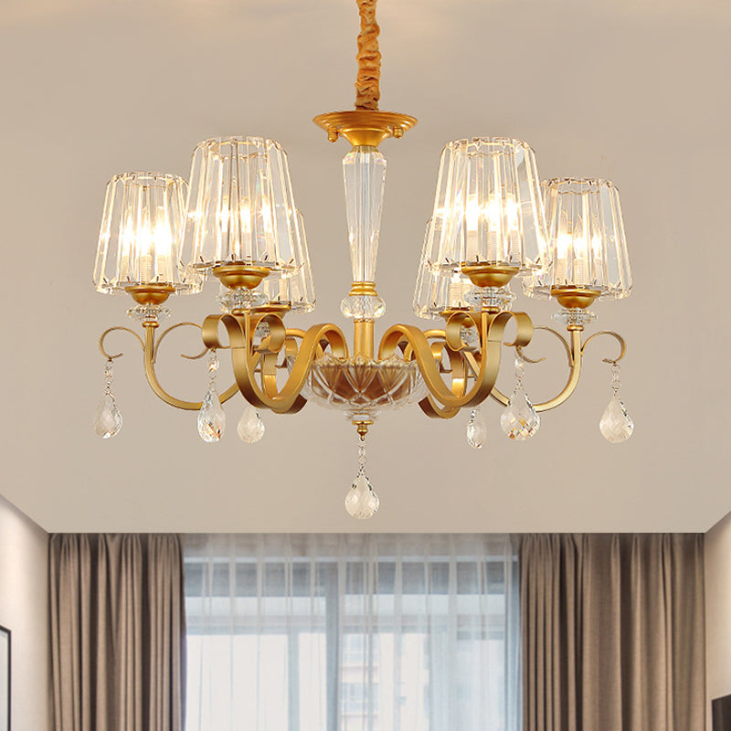 Conical Crystal Hanging Chandelier Traditional 3/6 Heads Dining Room Ceiling Light in Gold Clearhalo 'Ceiling Lights' 'Chandeliers' Lighting' options 882187