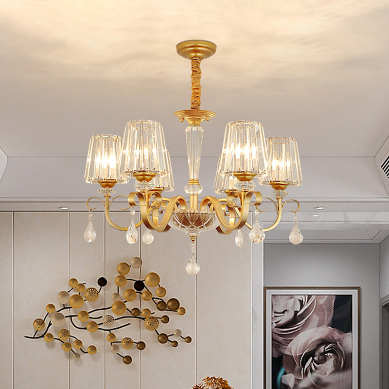 Conical Crystal Hanging Chandelier Traditional 3/6 Heads Dining Room Ceiling Light in Gold Clearhalo 'Ceiling Lights' 'Chandeliers' Lighting' options 882188