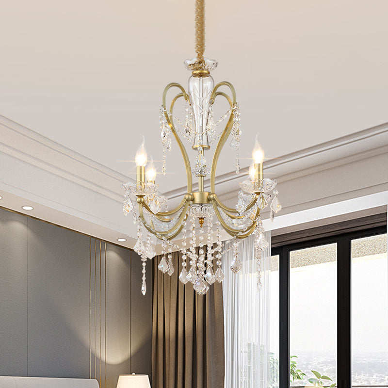 Gold Candlestick Chandelier Light Rural Beveled Crystal 4/6 Heads Bedroom Suspension Lighting Clearhalo 'Ceiling Lights' 'Chandeliers' Lighting' options 882192