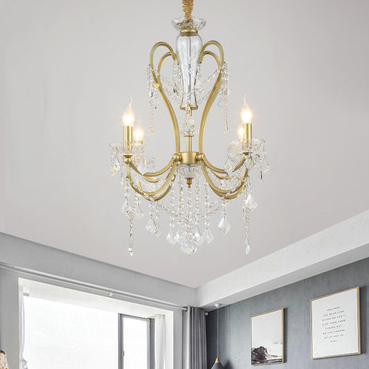 Gold Candlestick Chandelier Light Rural Beveled Crystal 4/6 Heads Bedroom Suspension Lighting Clearhalo 'Ceiling Lights' 'Chandeliers' Lighting' options 882193